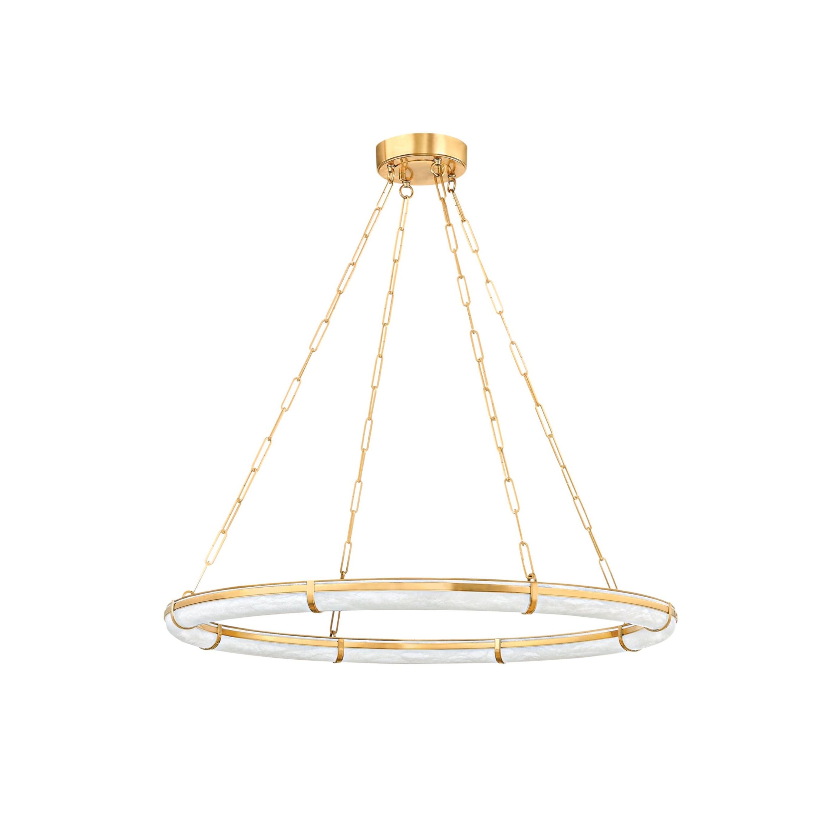 Clérachic Alabaster Ring Chandelier seen from slightly above, brass canopy and five chains opening out to the stone ring.
