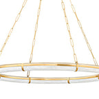 Close view of the Clérachic Alabaster Ring Chandelier's hoop, where brass straps hold each alabaster segment in place.