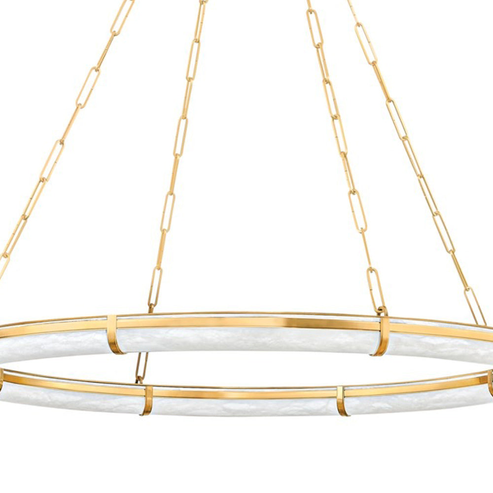 Close view of the Clérachic Alabaster Ring Chandelier's hoop, where brass straps hold each alabaster segment in place.