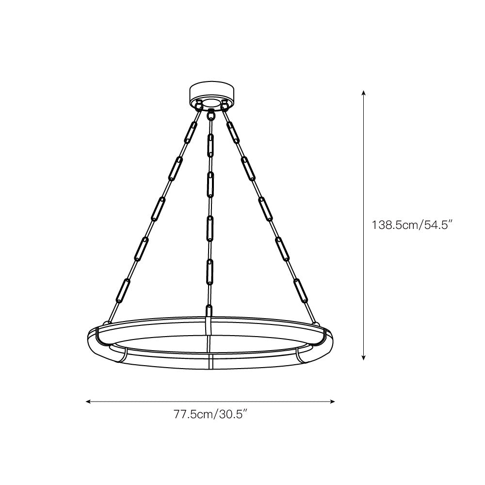 Dimension drawing for the compact Clérachic Alabaster Ring Chandelier, 77.5 cm / 30.5″ wide and 138.5 cm / 54.5″ high.