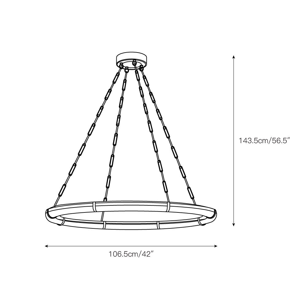 Dimension drawing for the large Clérachic Alabaster Ring Chandelier, 106.5 cm / 42″ wide and 143.5 cm / 56.5″ high.