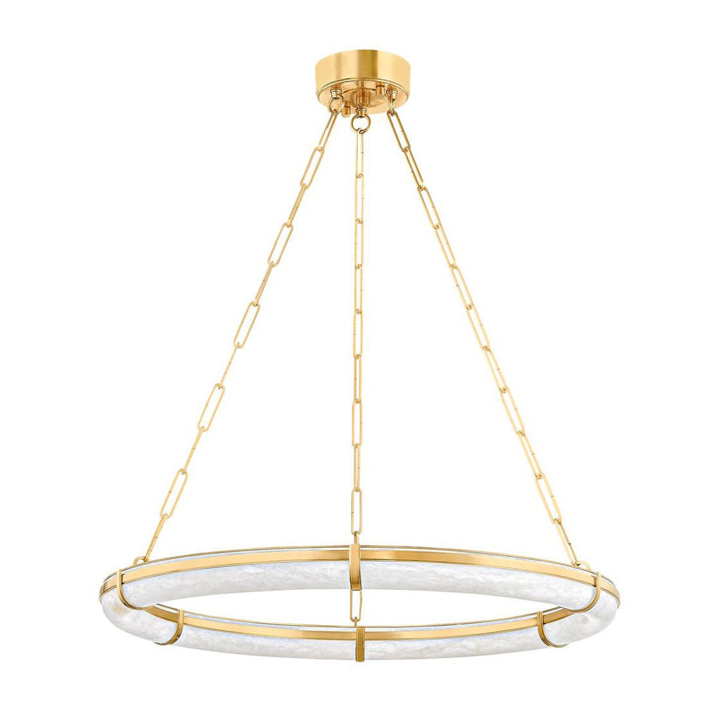 Three-quarter view of the Clérachic Alabaster Ring Chandelier, unlit, with the veining of the natural alabaster showing.