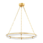 Three-quarter view of the Clérachic Alabaster Ring Chandelier, unlit, with the veining of the natural alabaster showing.