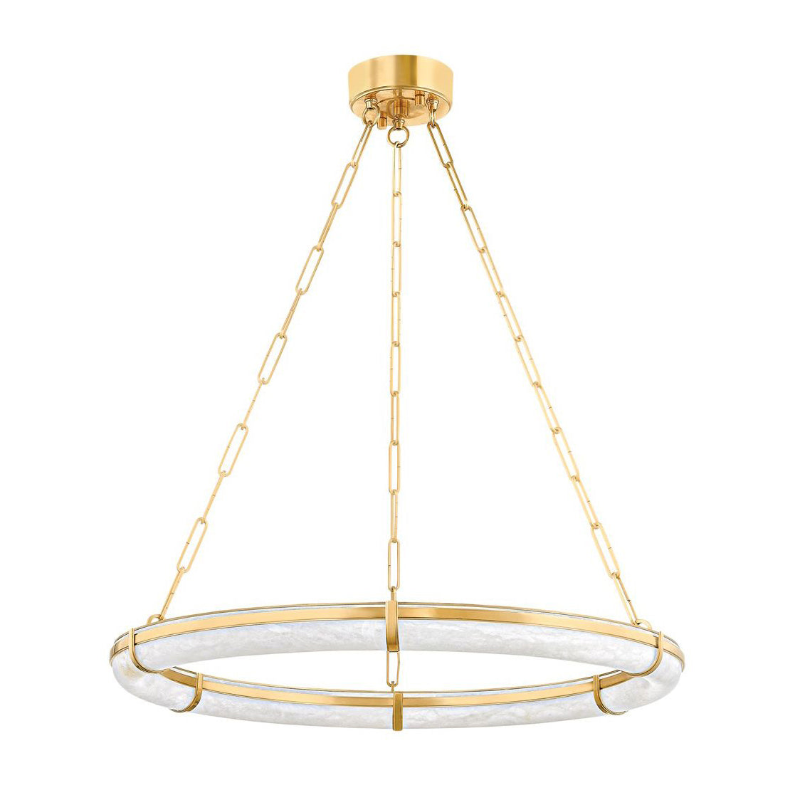 Three-quarter view of the Clérachic Alabaster Ring Chandelier, unlit, with the veining of the natural alabaster showing.