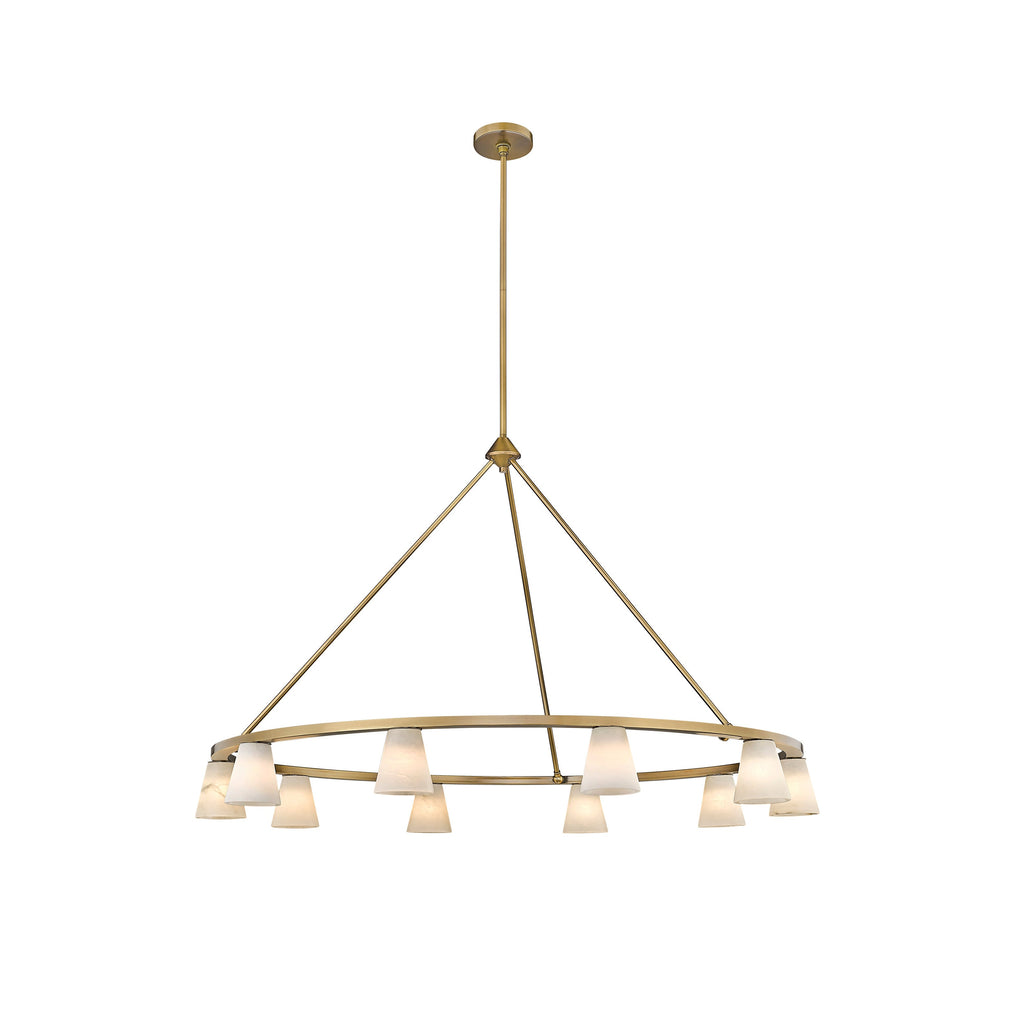 Clérachic Alabaster Ring Chandelier viewed from above, ten stone cones set alternately high and low around the gold ring.