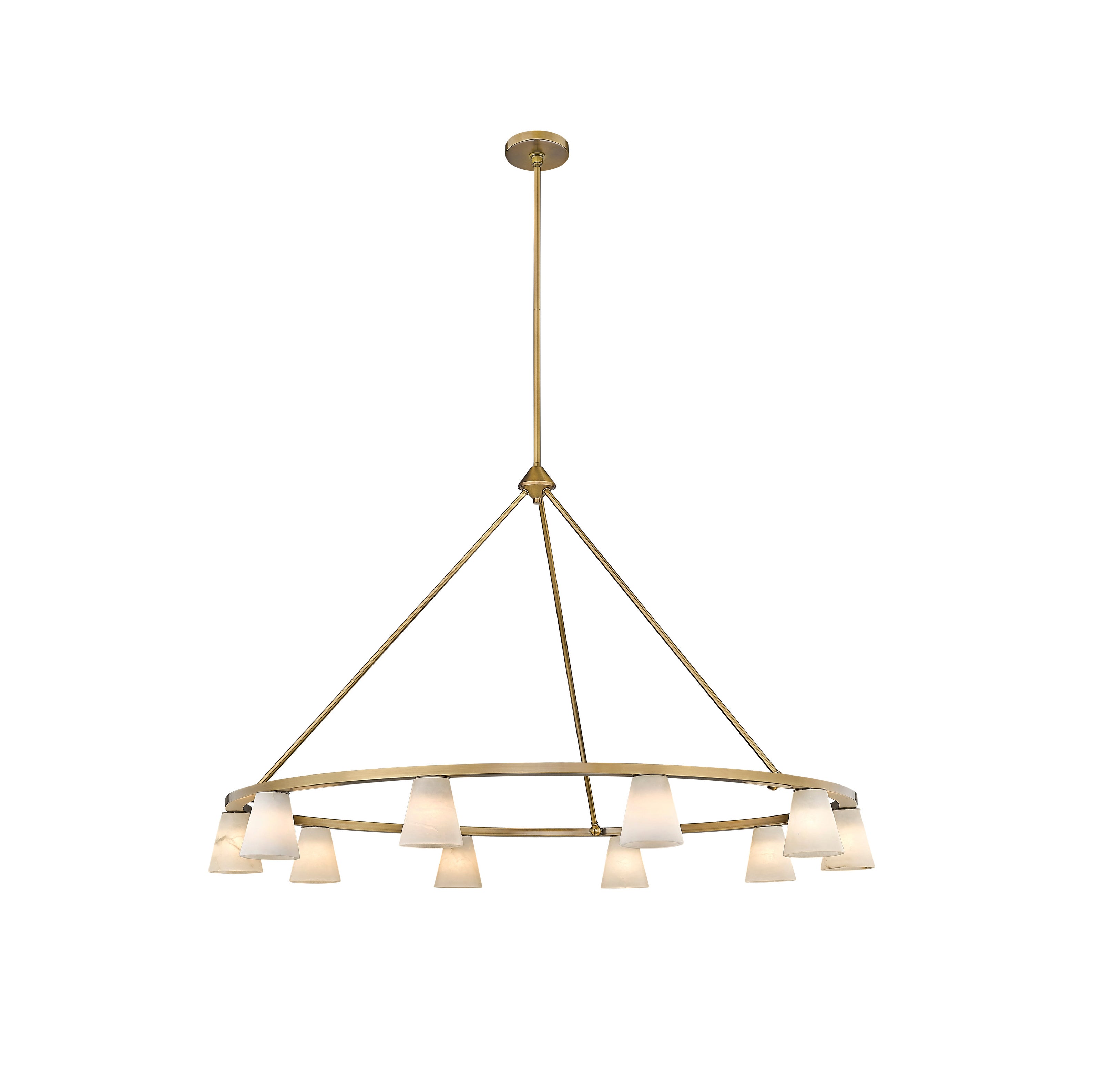 Clérachic Alabaster Ring Chandelier viewed from above, ten stone cones set alternately high and low around the gold ring.