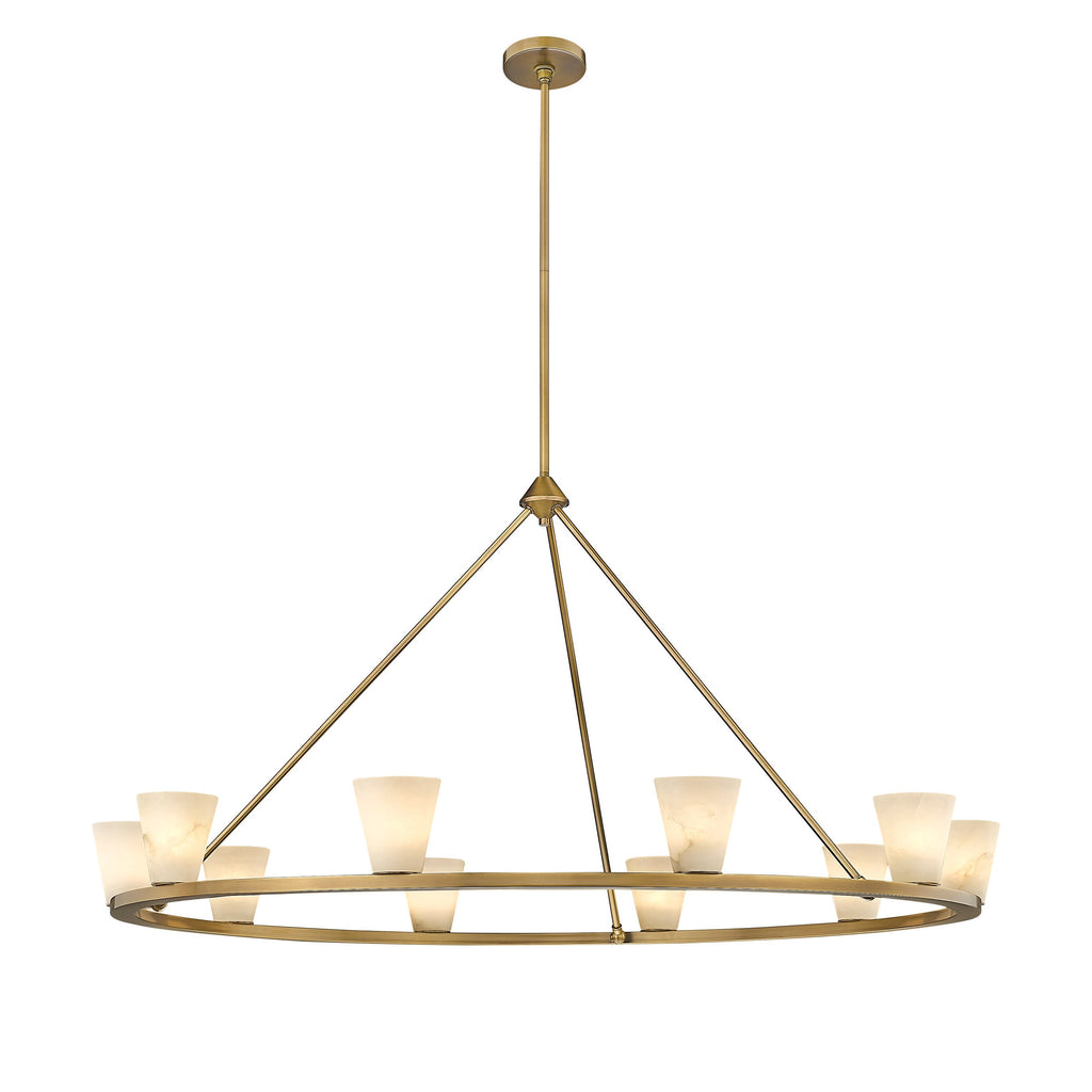 The Clérachic Alabaster Ring Chandelier lit, all ten stone cones glowing warm along the wide gold rim.