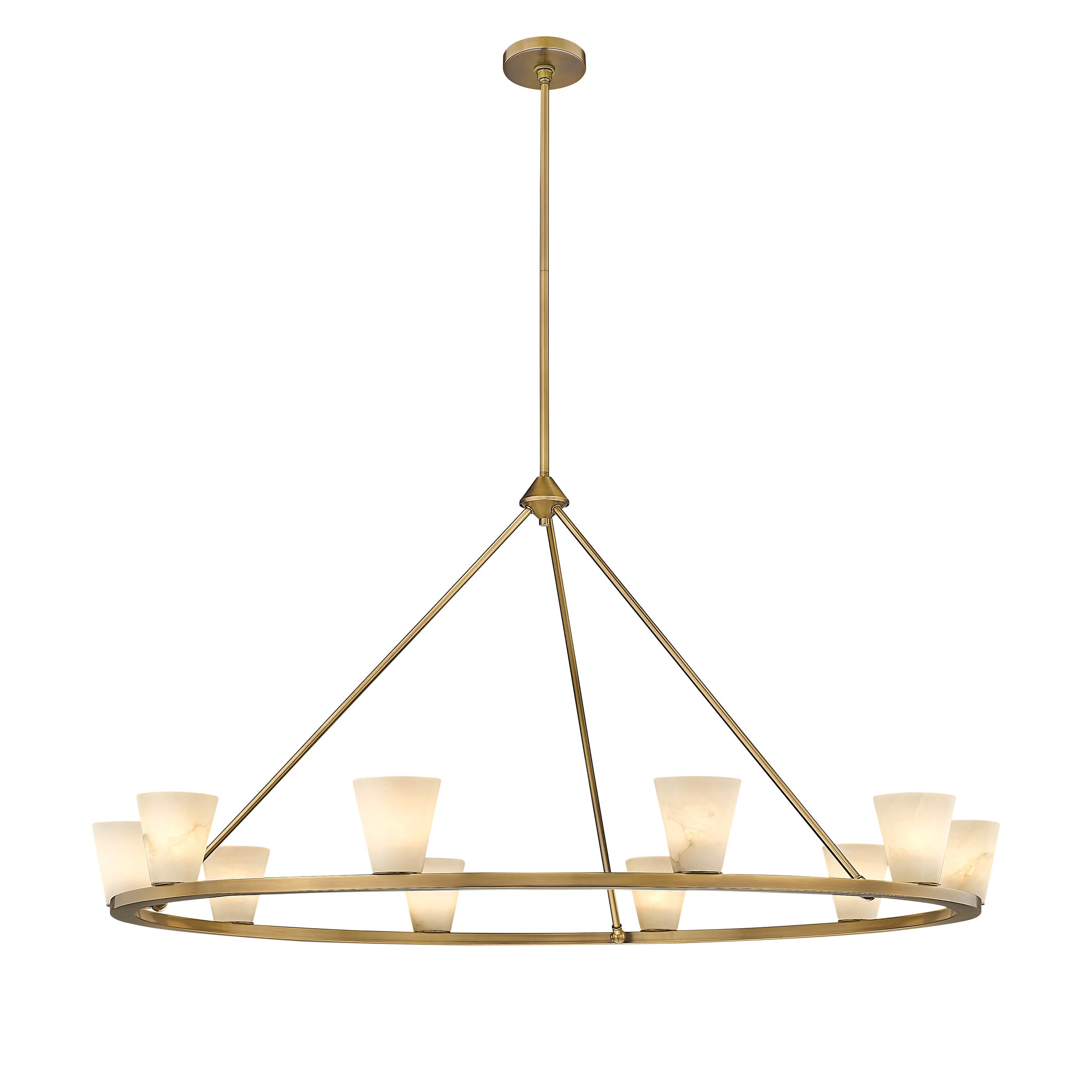The Clérachic Alabaster Ring Chandelier lit, all ten stone cones glowing warm along the wide gold rim.
