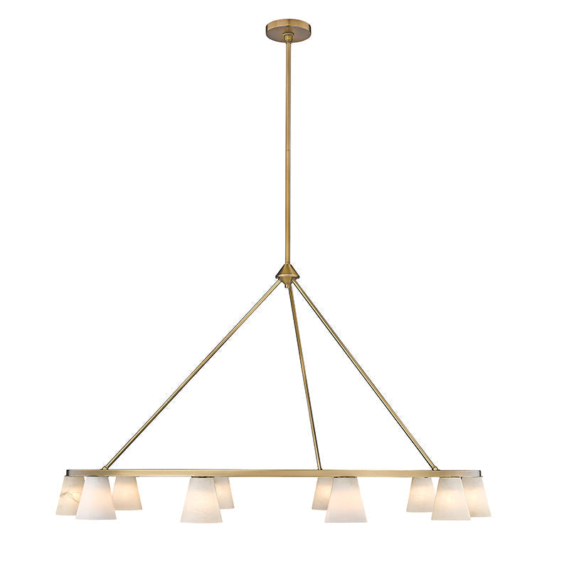 Side view of the Clérachic Alabaster Ring Chandelier, the ring read edge-on with three angled stays bracing it to the rod.
