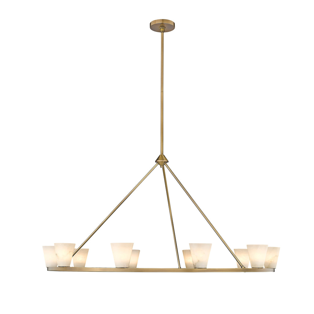 Clérachic Alabaster Ring Chandelier lit at eye level, warm cones tracing a long ring made for a dining table.