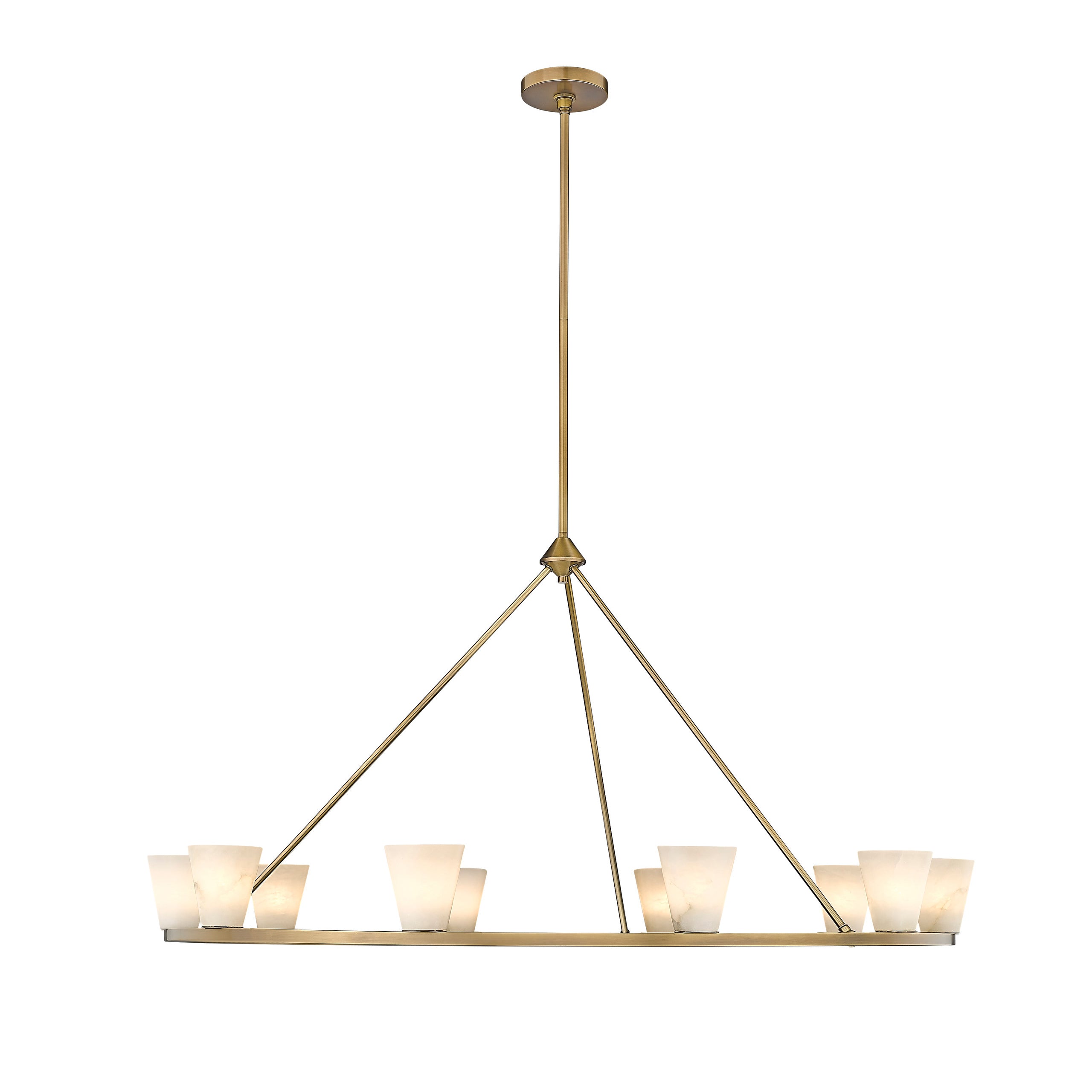Clérachic Alabaster Ring Chandelier lit at eye level, warm cones tracing a long ring made for a dining table.