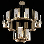 The two-tier Clérachic Alabaster Ring Chandelier seen from slightly below, showing the polished copper-toned rings and the bulbs behind each stone panel.