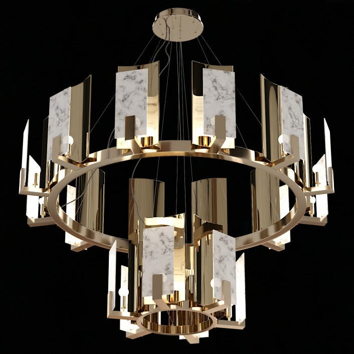 The two-tier Clérachic Alabaster Ring Chandelier seen from slightly below, showing the polished copper-toned rings and the bulbs behind each stone panel.