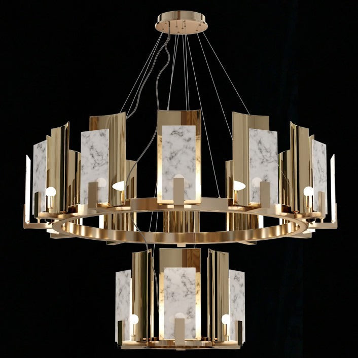 Two-tier Clérachic Alabaster Ring Chandelier lit against black, the 60 cm ring hanging centred beneath the 100 cm ring.