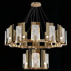 Two-tier Clérachic Alabaster Ring Chandelier lit against black, the 60 cm ring hanging centred beneath the 100 cm ring.