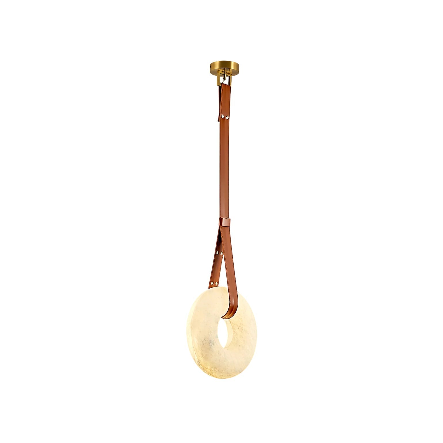 Clérachic Alabaster Ring Pendant Light shown on white: brass canopy, tan leather strap and pale stone ring seen at an angle.