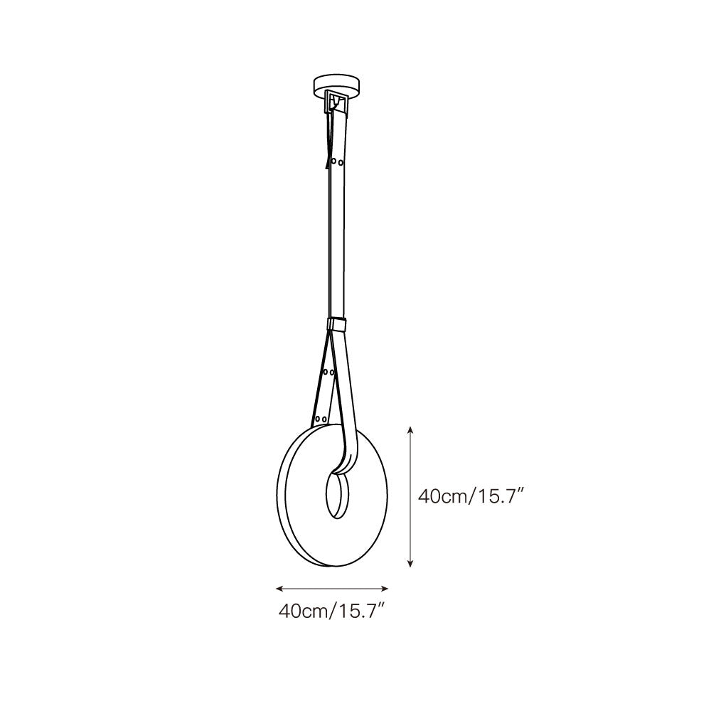 Dimension drawing of the large Clérachic Alabaster Ring Pendant Light, 40cm/15.7″ wide and 40cm/15.7″ high on a doubled strap.