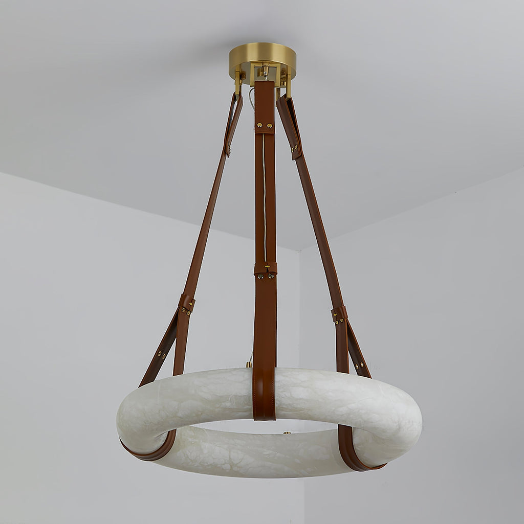 Full drop of the Clérachic Alabaster Ring Pendant Light from ceiling canopy to ring, showing how far the leather straps hang.