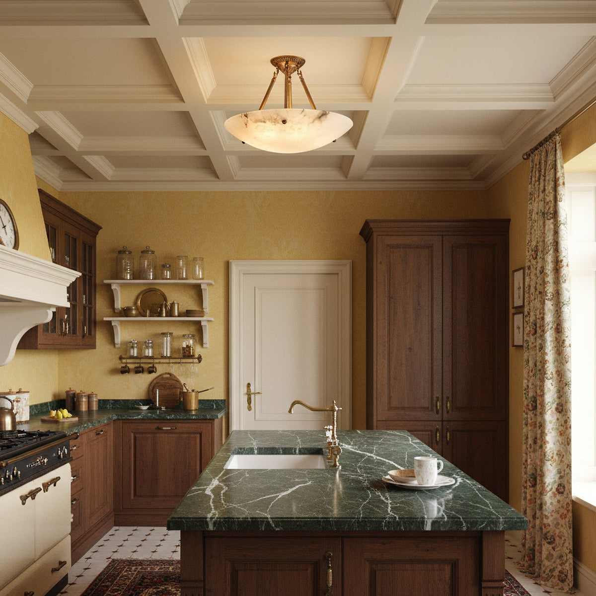 Hung from a coffered ceiling, this Clérachic alabaster bowl light glows above a kitchen island with a green marble top.