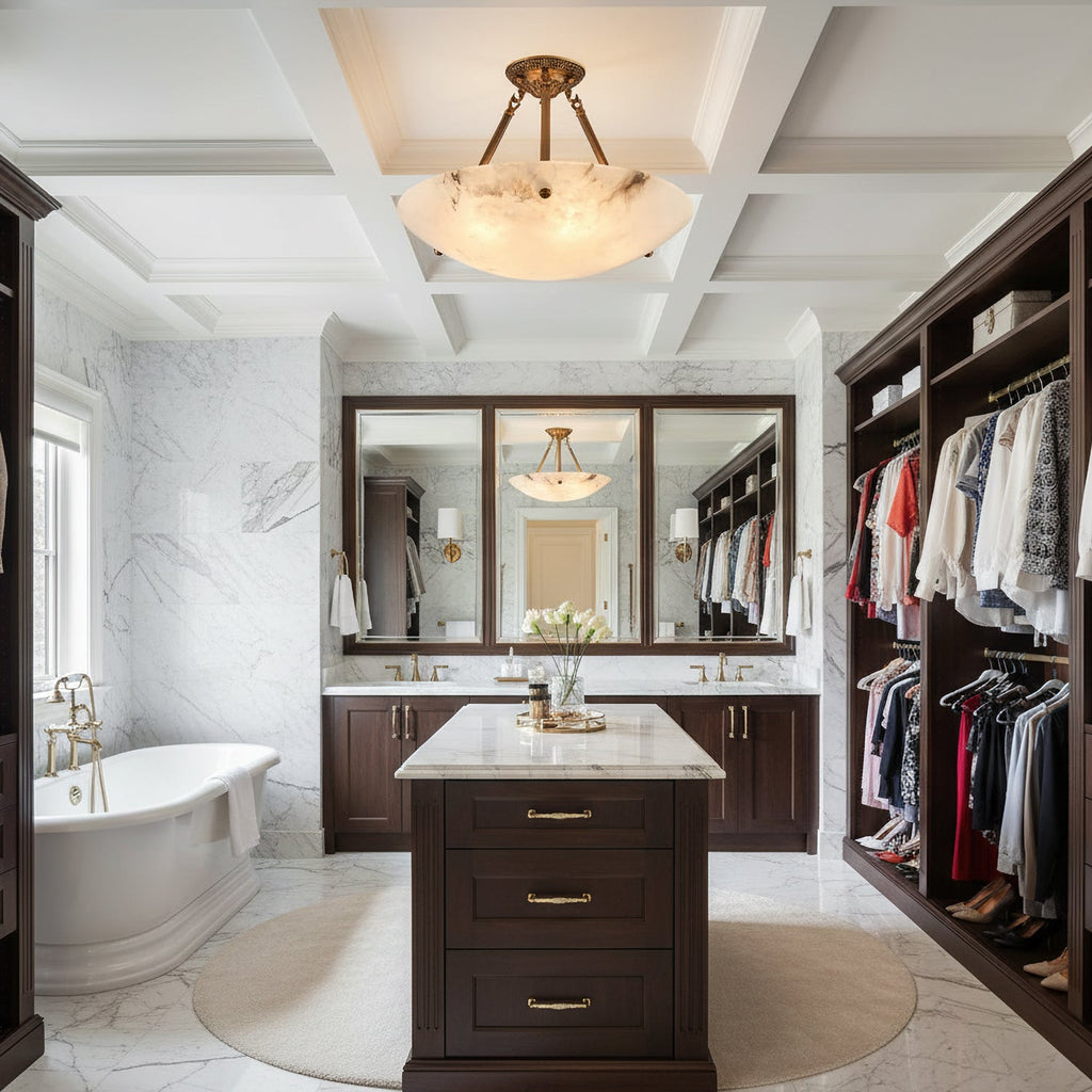 This Clérachic alabaster ceiling light hangs in a dressing room with a freestanding bath, a marble floor and a dark wood island.