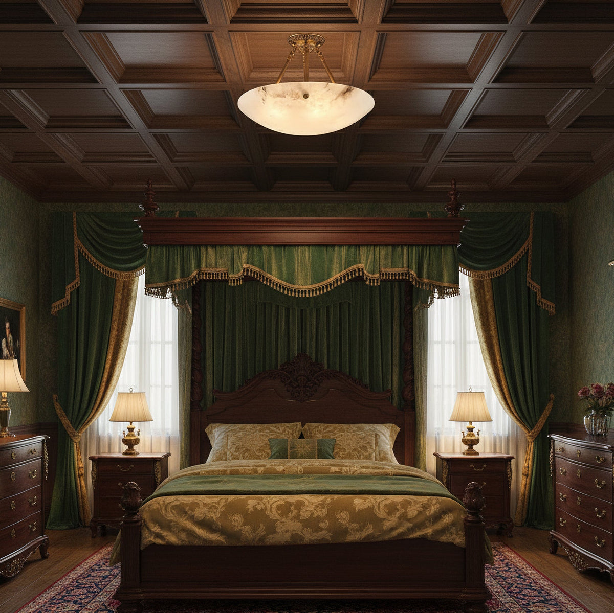 Above a canopy bed with green drapes, this Clérachic alabaster bowl light sits in a dark wood coffered ceiling.