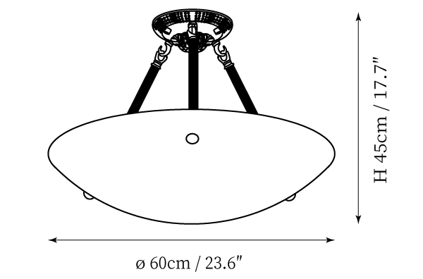 Clérachic ceiling light dimension drawing, every measurement marked in centimetres and inches.