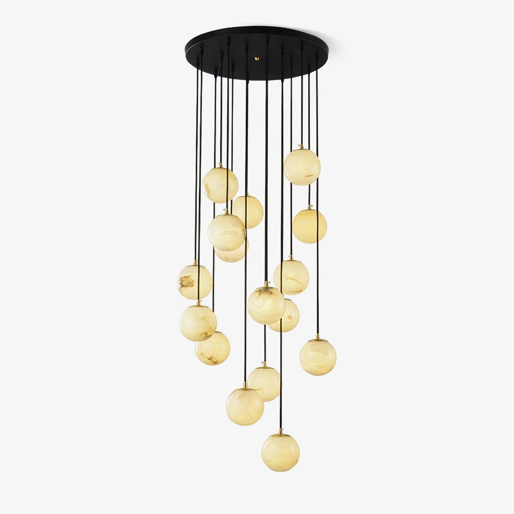 Cluster of alabaster spheres from Clérachic, each on its own black cord from a round black canopy, shown glowing on a white backdrop.