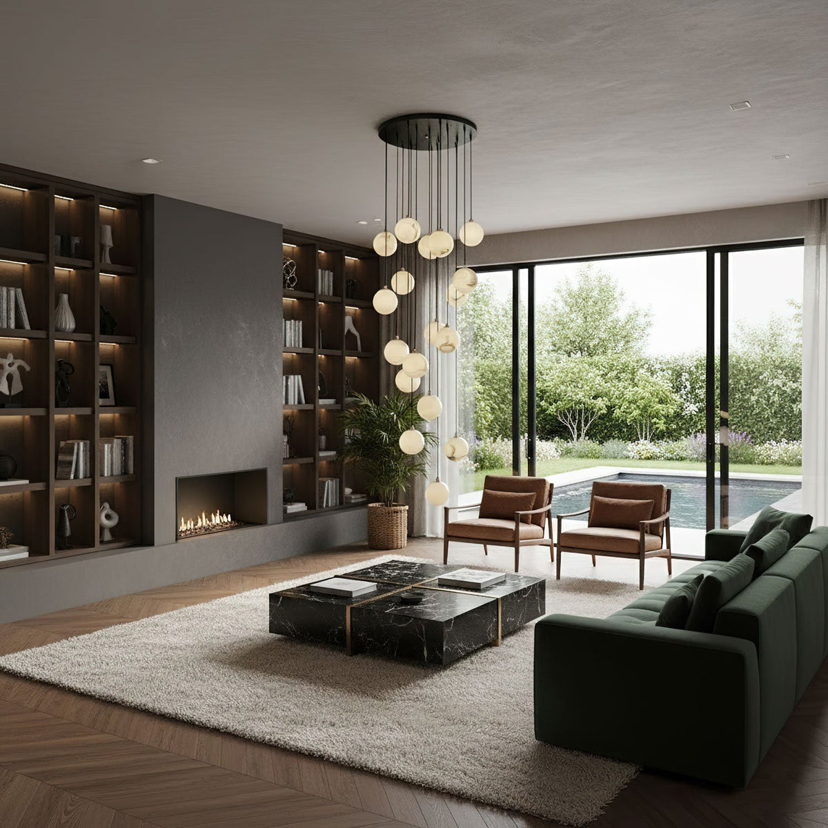 Clérachic alabaster spheres hang from a round black canopy in a living room, in front of a dark green sofa, a marble table and sliding glass doors.