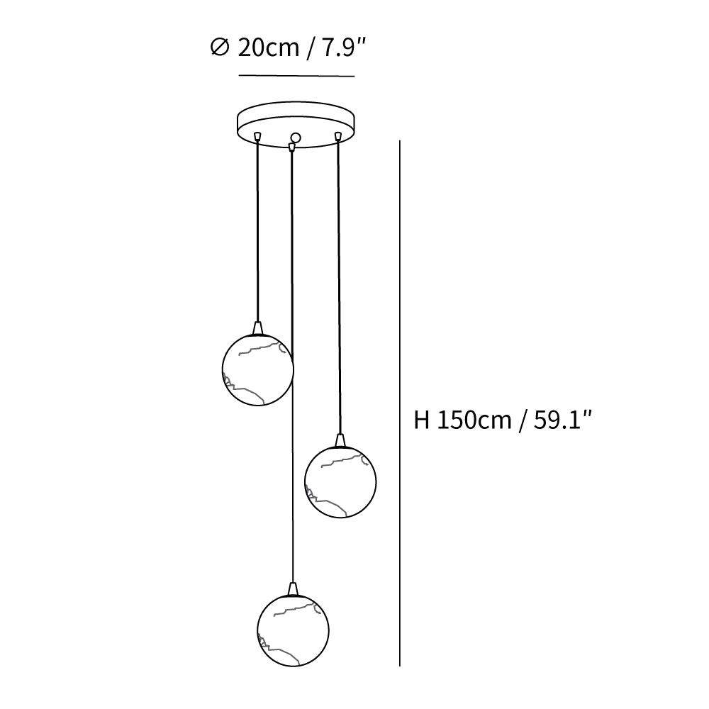 Clérachic pendant light dimension drawing, every measurement marked in centimetres and inches.