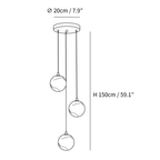 Clérachic pendant light dimension drawing, every measurement marked in centimetres and inches.
