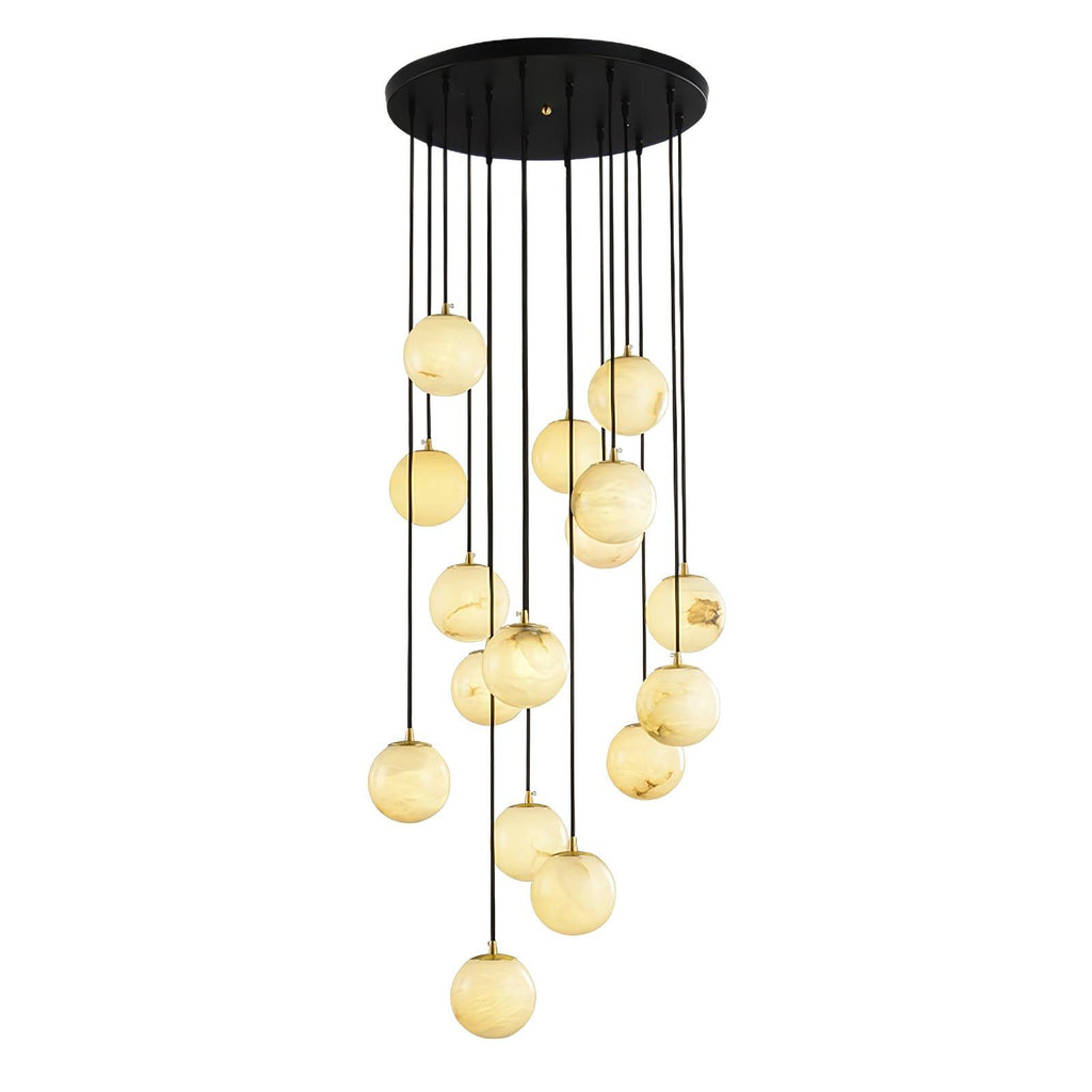 Warm-toned Clérachic alabaster sphere cluster on black cords below a round black canopy, on a white backdrop.