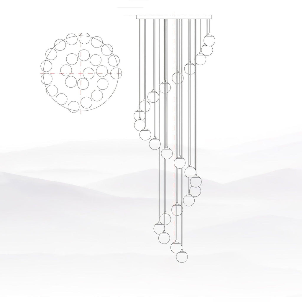 Line drawing of this Clérachic pendant, with a plan view of the sphere layout beside a side view of the cords and spheres.