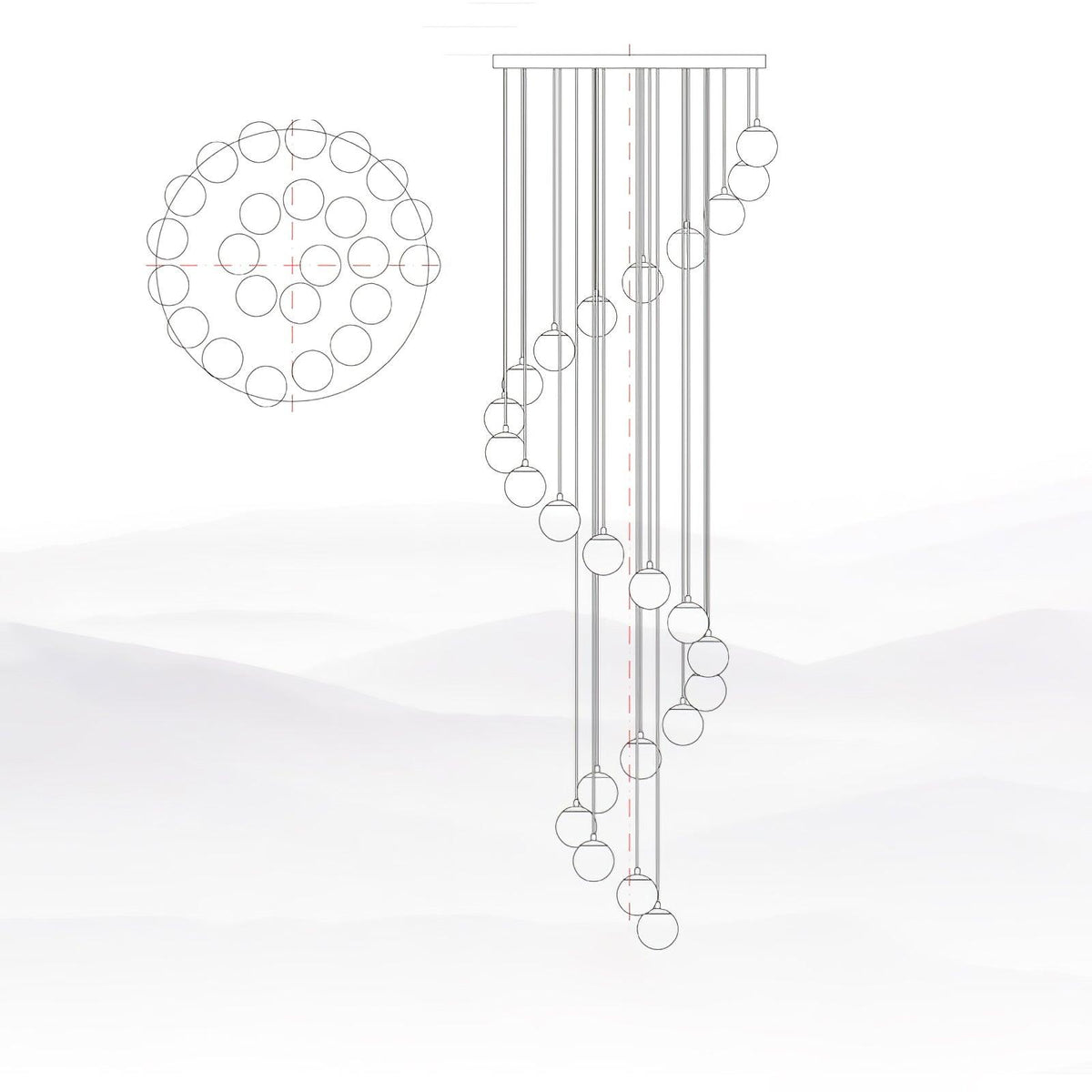 Line drawing of this Clérachic pendant, with a plan view of the sphere layout beside a side view of the cords and spheres.