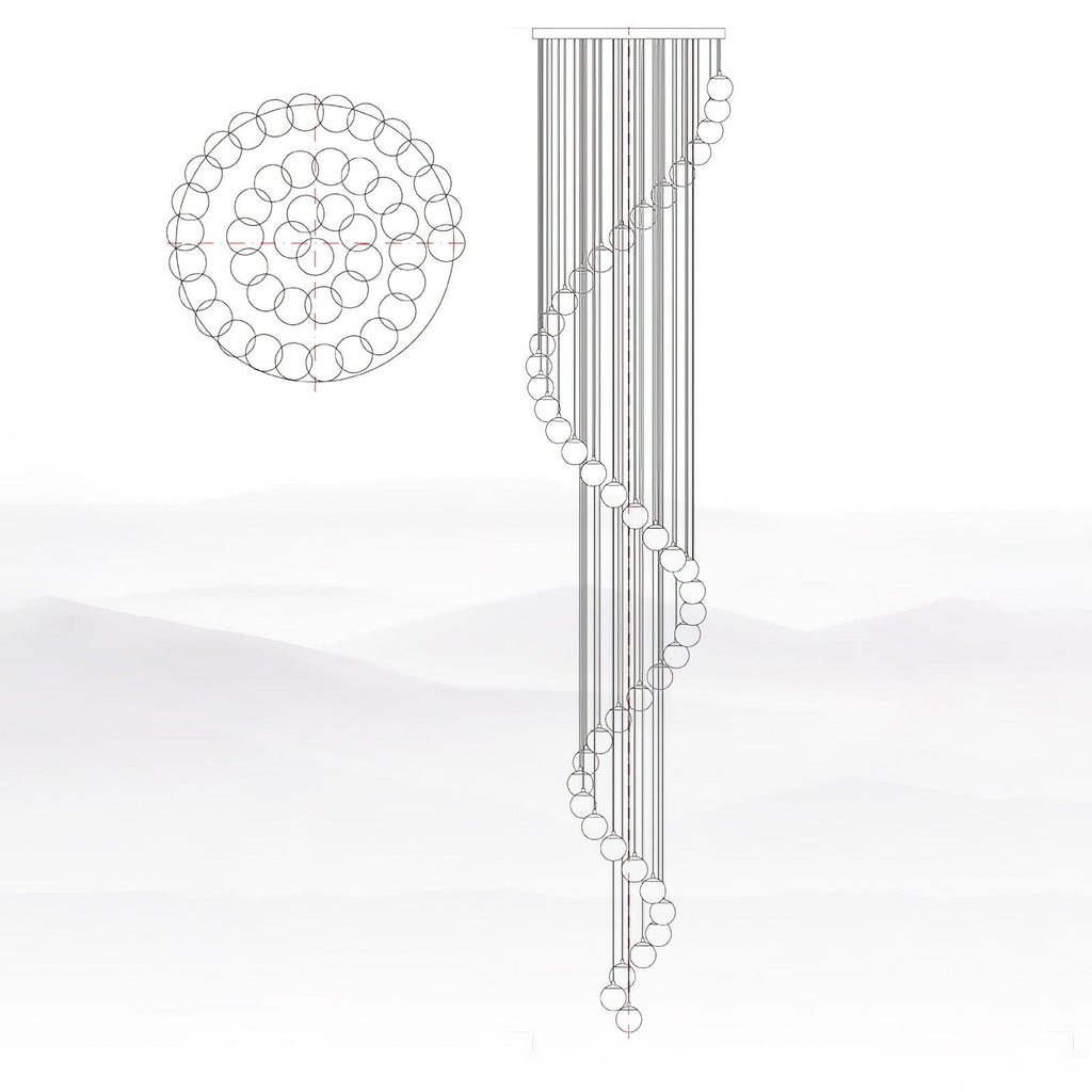 Line drawing of this Clérachic pendant with many spheres, showing a plan view of the rings of spheres and the long spiral side view.