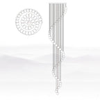 Line drawing of this Clérachic pendant with many spheres, showing a plan view of the rings of spheres and the long spiral side view.