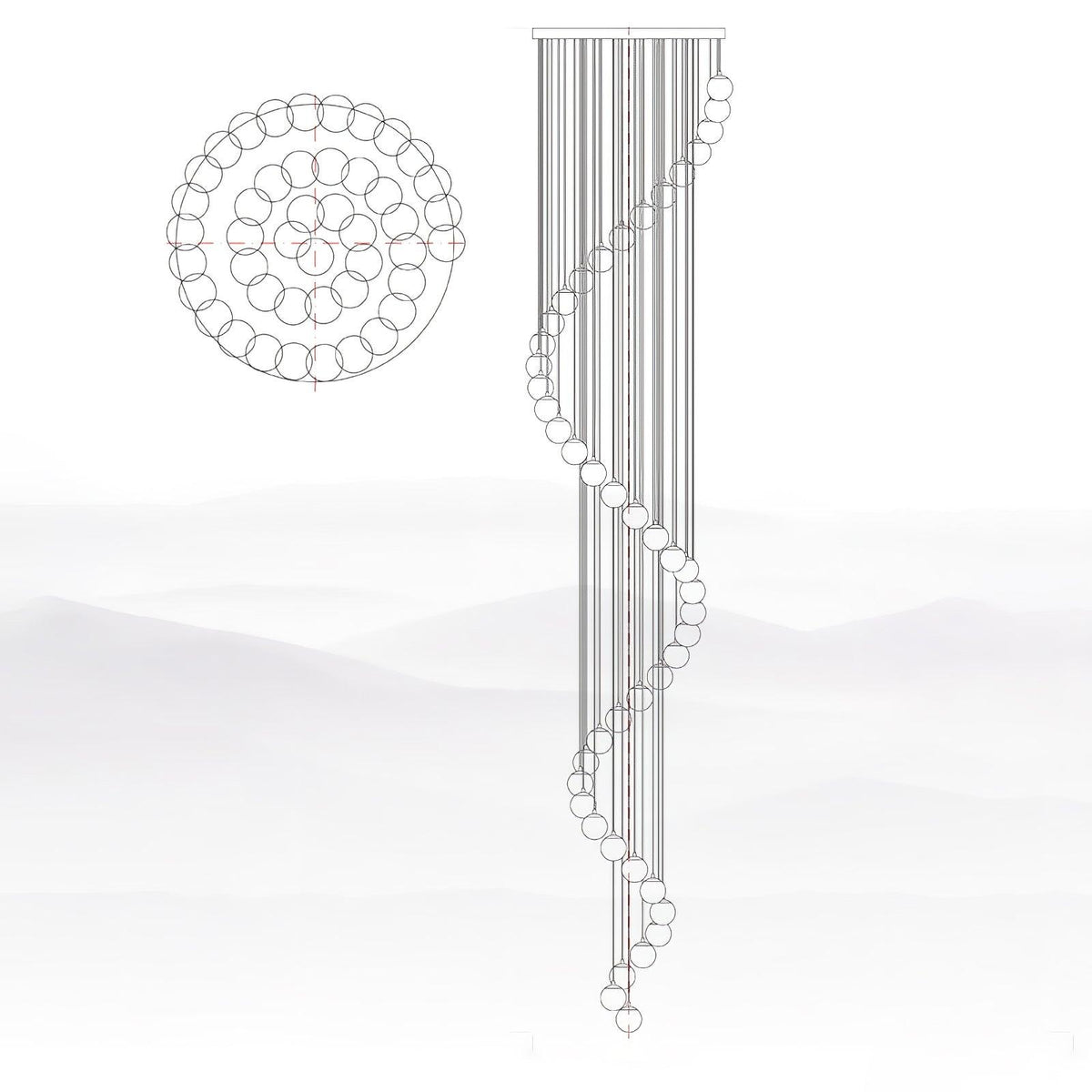 Line drawing of this Clérachic pendant with many spheres, showing a plan view of the rings of spheres and the long spiral side view.