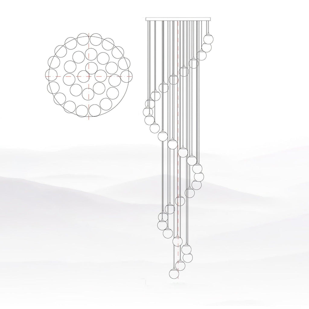 Line drawing of this Clérachic pendant, with a circular plan view of the spheres beside the tall spiral of cords from the canopy.