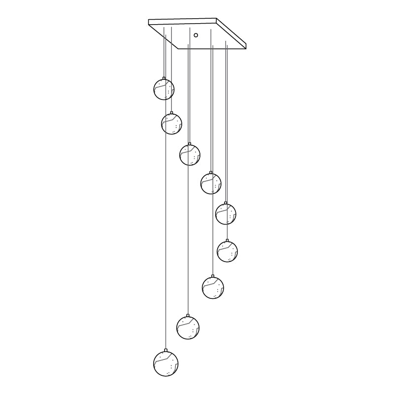 Line drawing of this Clérachic pendant with a square canopy, showing nine spheres hung at different lengths.