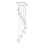 Line drawing of this Clérachic pendant with a square canopy, showing nine spheres hung at different lengths.
