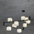 Clérachic box chandelier at its largest, ten cubes staggered over a deep black armature.