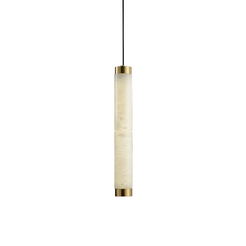 Clérachic alabaster pendant on a clean white background, showing the full slim column and both brass collars.