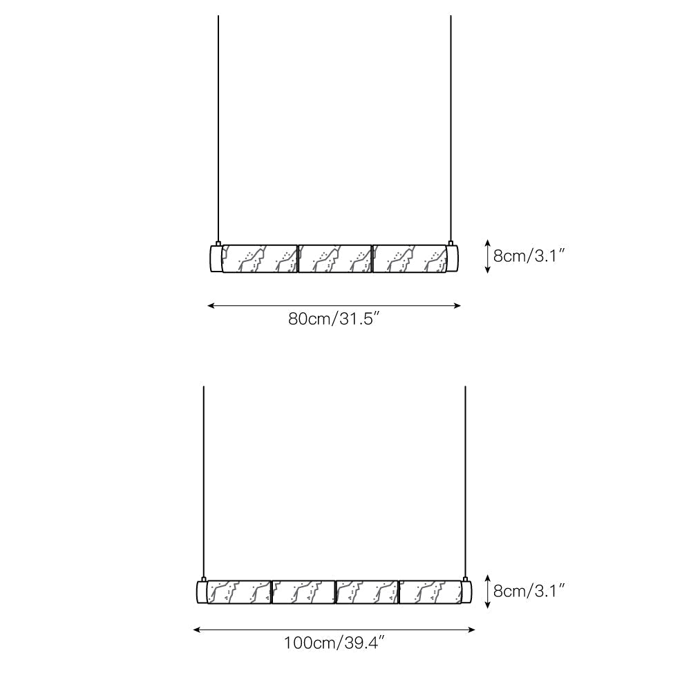 The Clérachic strip sizes drawn to scale, 80 cm / 31.5 in and 100 cm / 39.4 in long with an 8 cm / 3.1 in body.