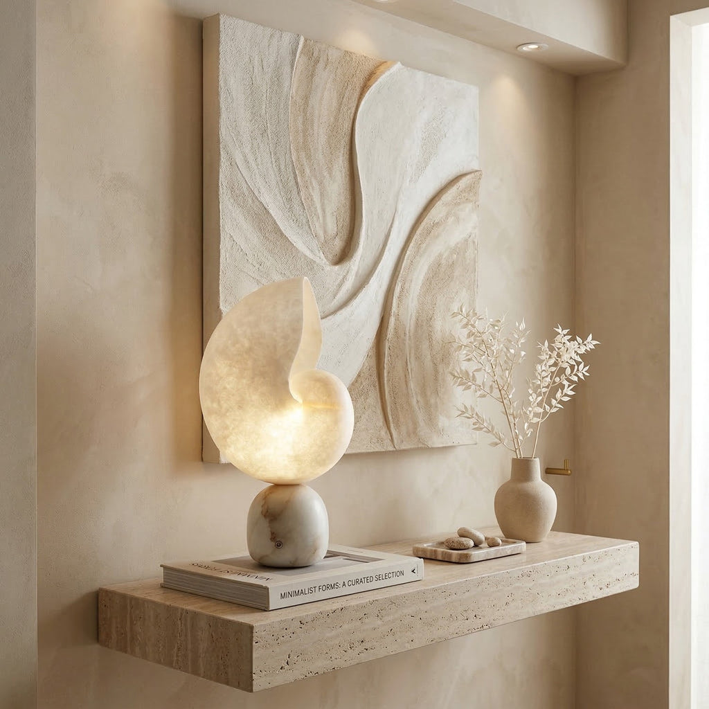 Clérachic conch lamp lit on a floating wooden shelf below a sculpted plaster wall panel, with a book and a vase of dried stems.