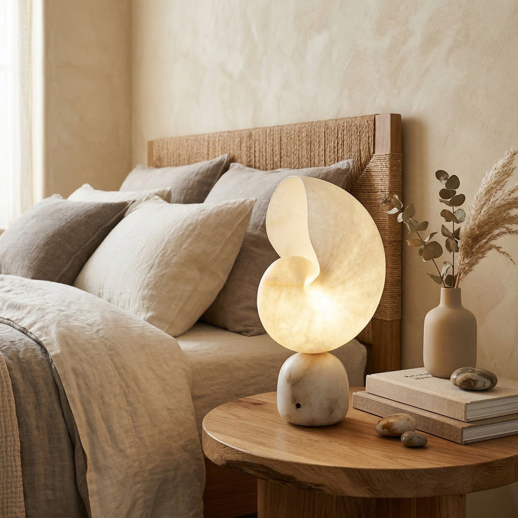 A Clérachic stone and alabaster table lamp on a round wooden bedside table next to a linen-dressed bed with a woven headboard.