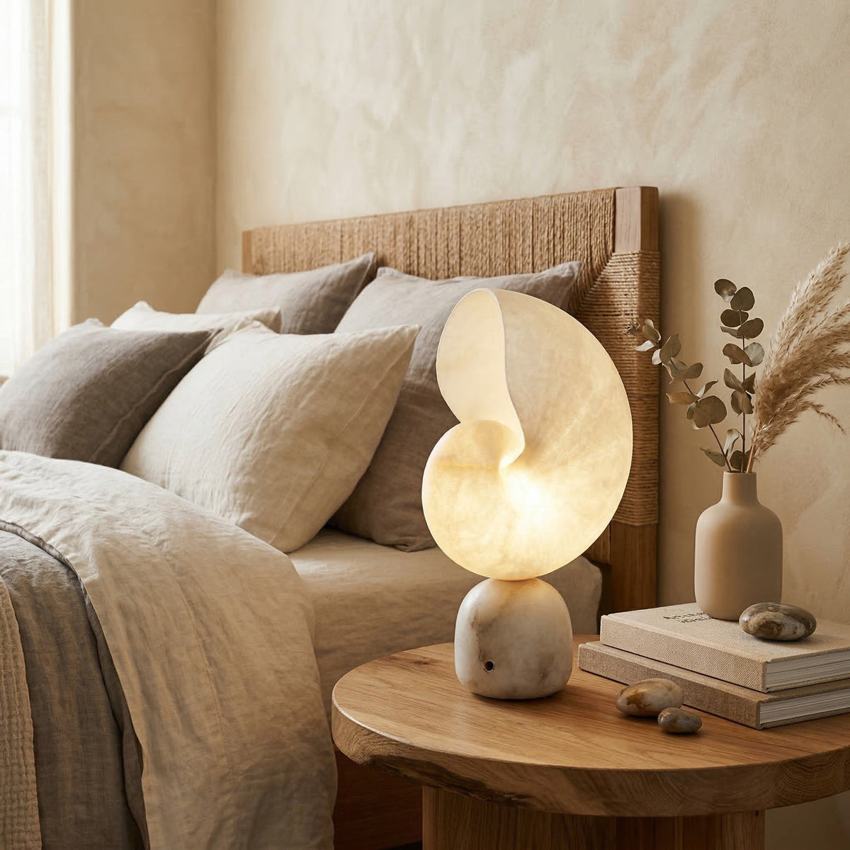 A Clérachic stone and alabaster table lamp on a round wooden bedside table next to a linen-dressed bed with a woven headboard.