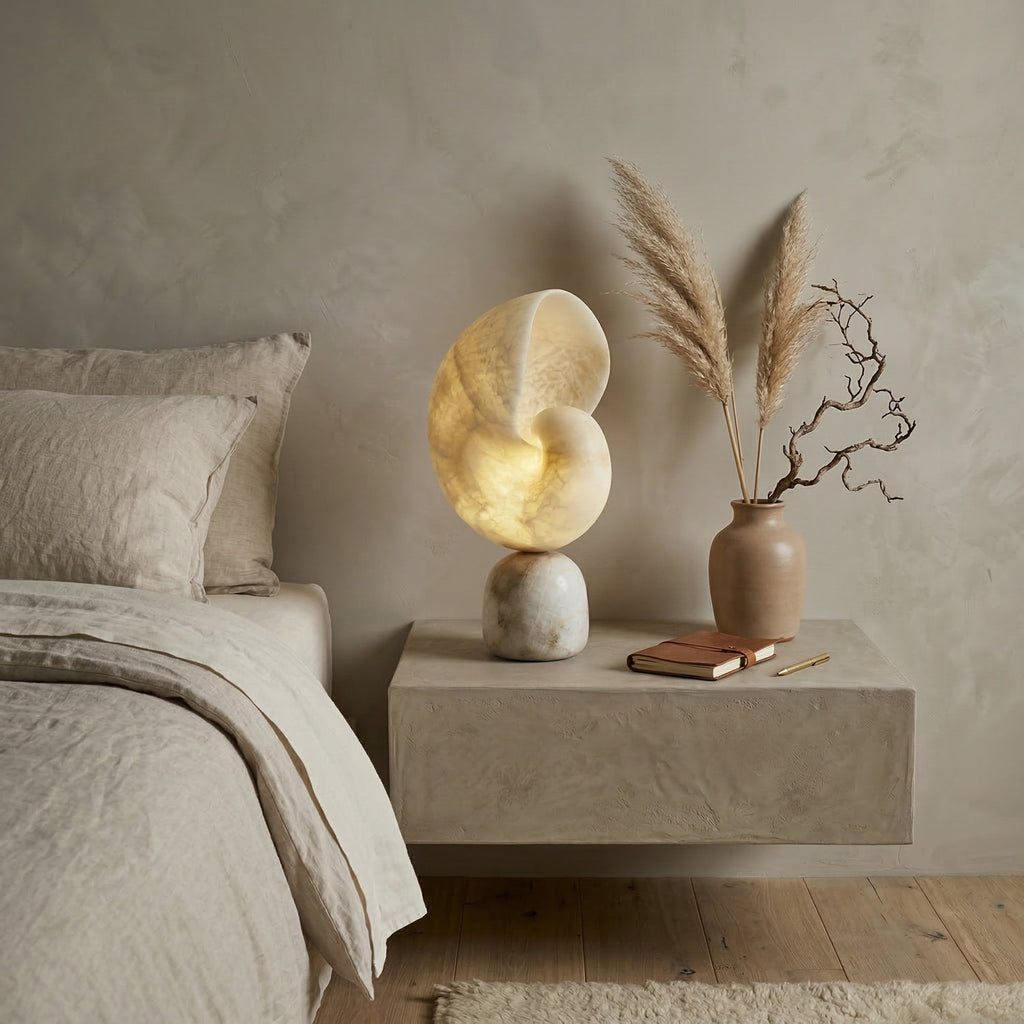 Lit conch-shaped Clérachic lamp on a pale floating bedside shelf, with pampas grass in a clay vase and a linen bed beside it.
