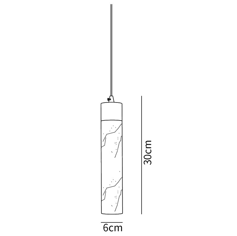 Dimension drawing of the alabaster tube brass pendant lamp, in outline against white.
