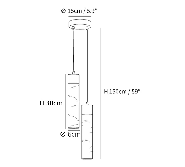 Dimension drawing of the alabaster tube brass pendant lamp, in outline against white.