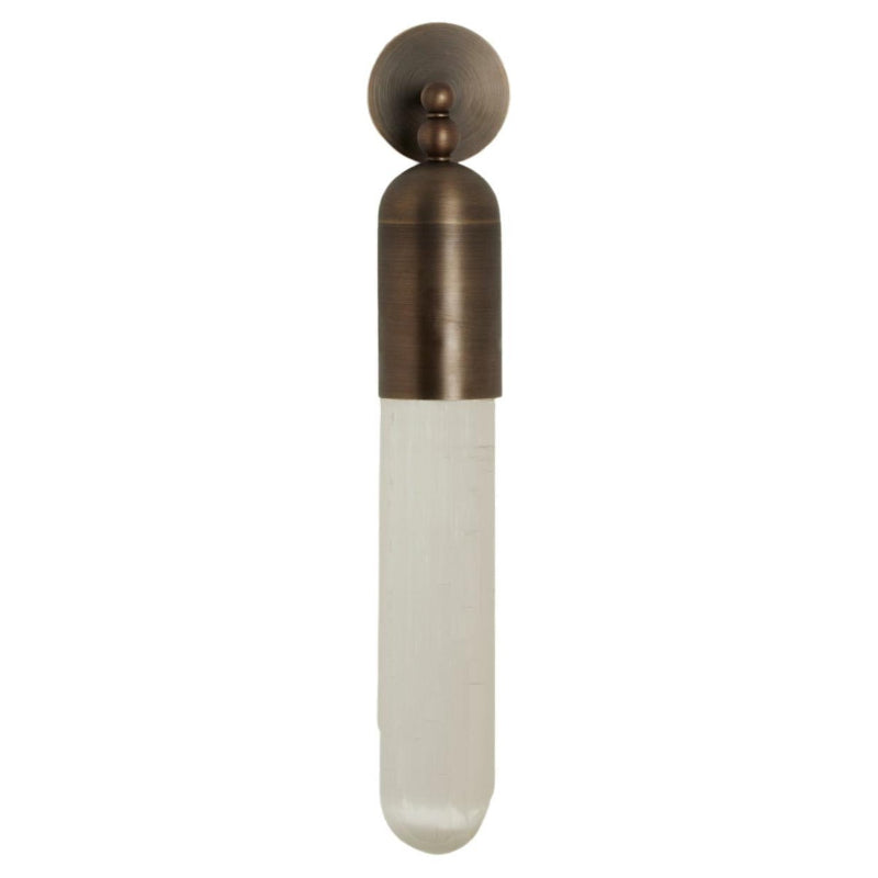 Clérachic Alabaster Tube Wall Sconce in antique brass, shown unlit against white so the pale stone column reads clearly.