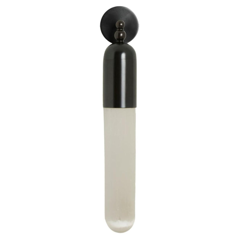 Black-finish Clérachic Alabaster Tube Wall Sconce seen face-on, the domed cap and twin ball joints sitting above the stone.